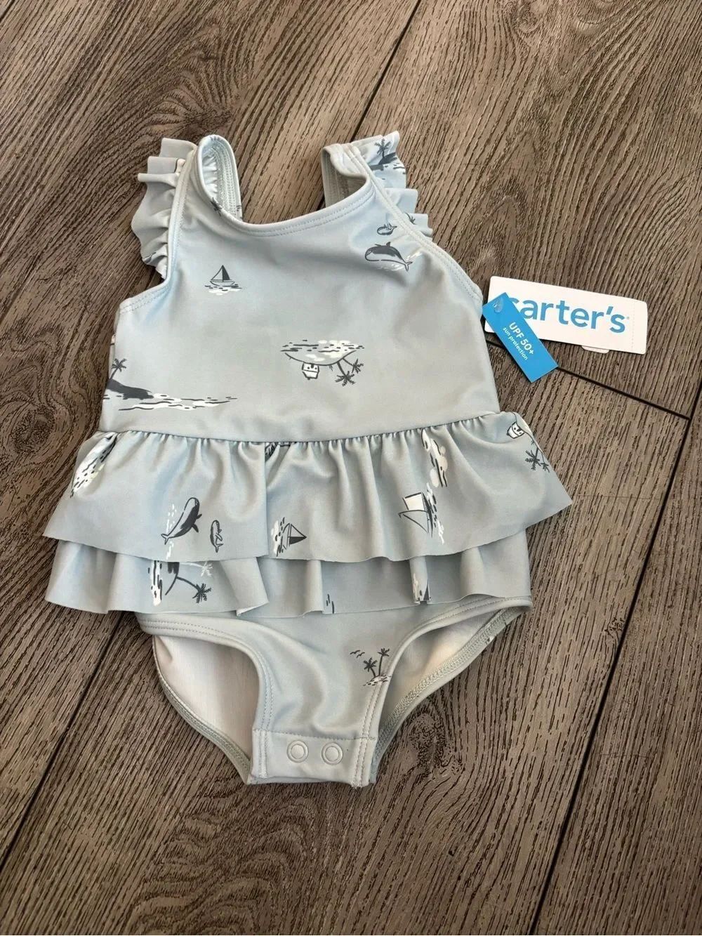 Carter's Light Blue Nautical Ruffle One-Piece Swim